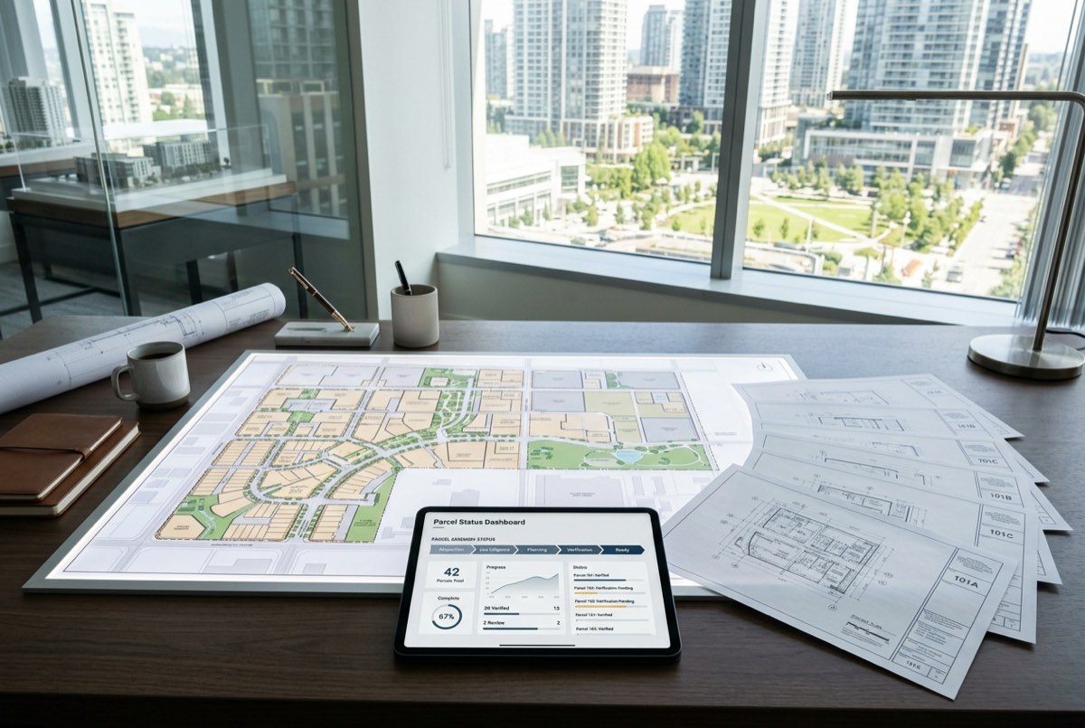 A sleek developer war-room desk where a large illuminated master-plan layout of the multi-parcel land assembly is spread out, with several s