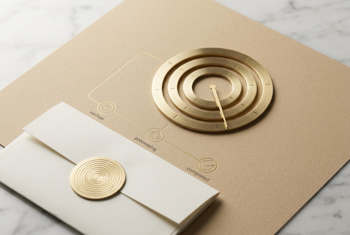 A macro detail on warm sand paper of three nested brass rings forming a status dial, with a slender gold pointer resting on the outermost ri