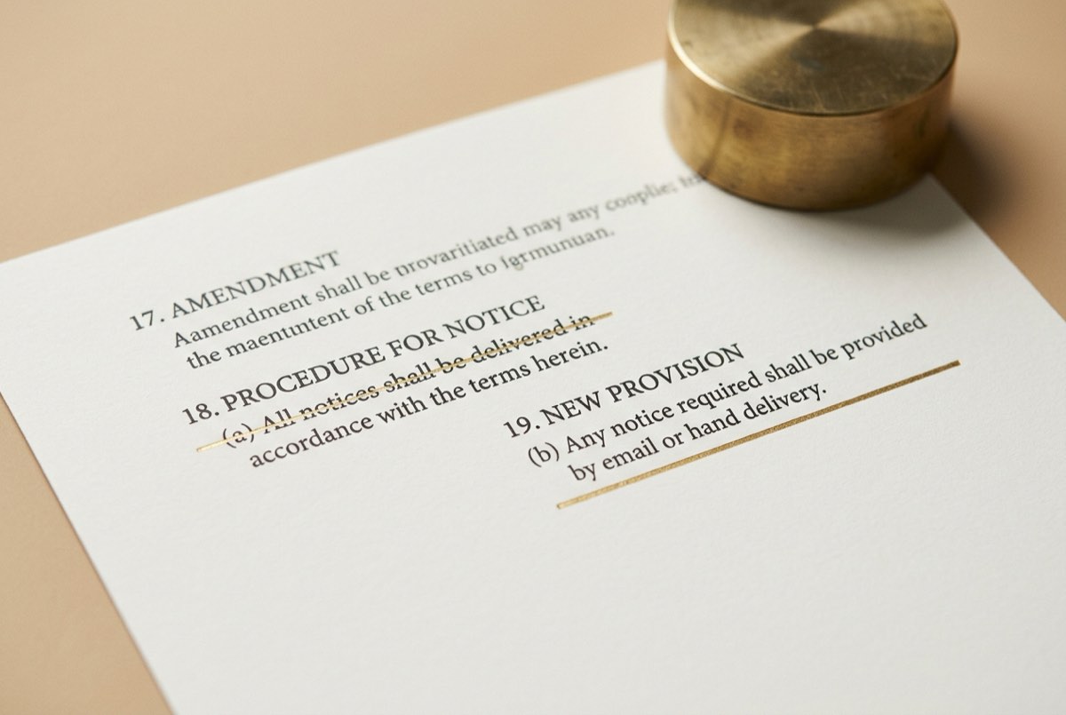 A macro detail of a crisp matte legal statute page where a numbered clause is neatly struck through with a single ruled gold line, while a f