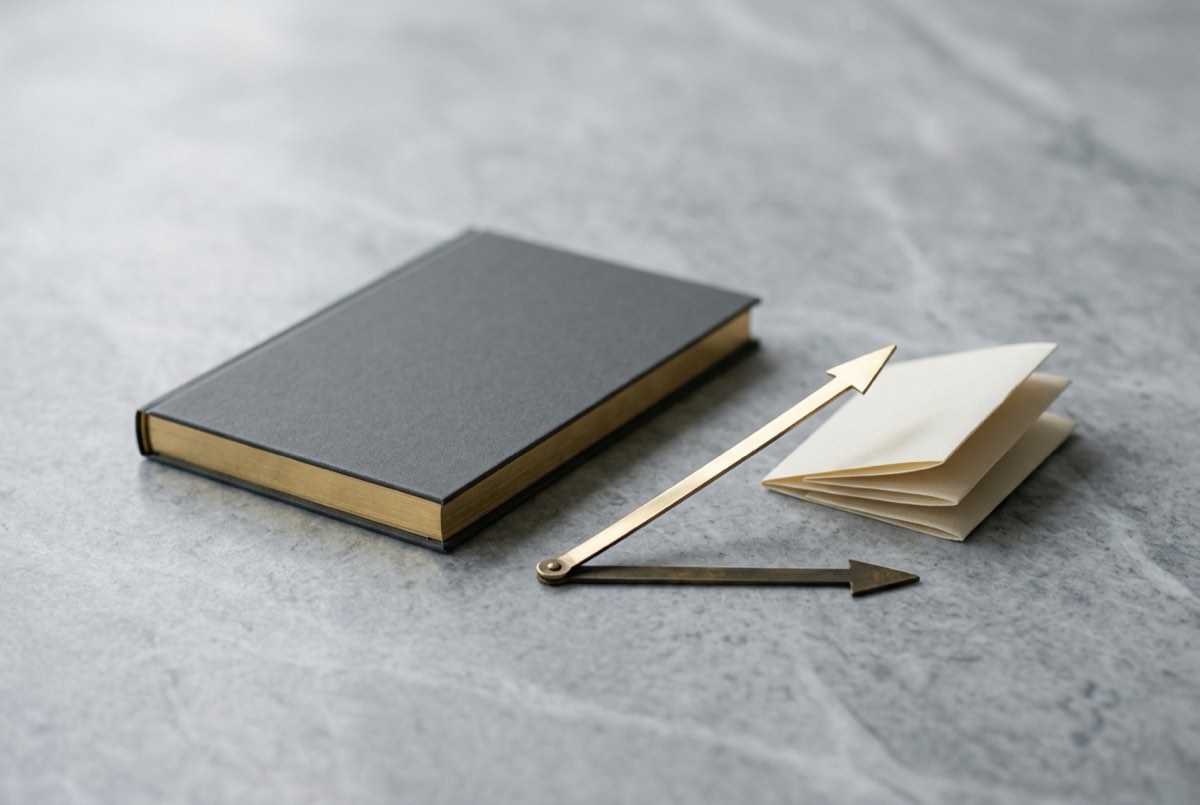 A macro detail on cool grey marble of a slim closed regulatory rulebook with brushed-gold edges, beside it two thin brass arrows fanned out
