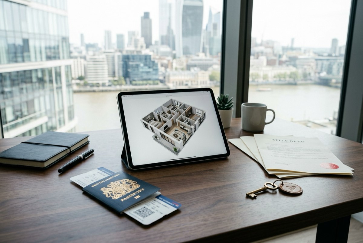 A sleek modern desk by a window with a passport and boarding pass resting beside a tablet showing a crisp 3D floor-plan of an apartment, wit