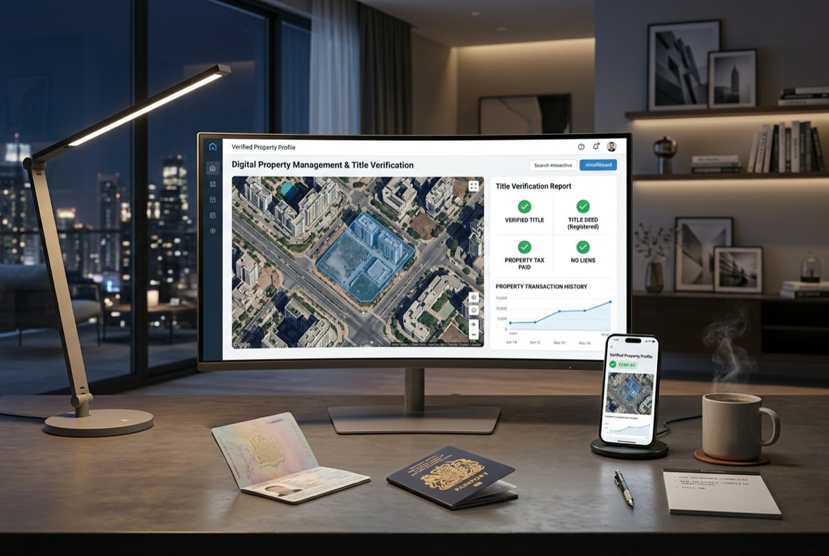 A clean, modern home-office desk abroad at night with a large monitor showing an interactive satellite parcel map and verified-title dashboa