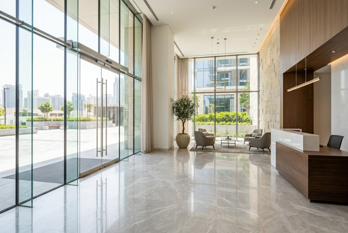 A clean modern building lobby with polished marble floors, glass doors and warm daylight, freshly finished and immaculate