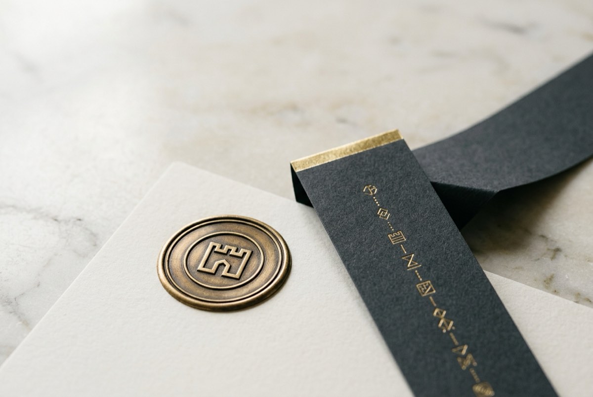 A tight macro on polished cream marble of a circular embossed brass official seal pressed into thick matte paper, beside a folded ribbon of