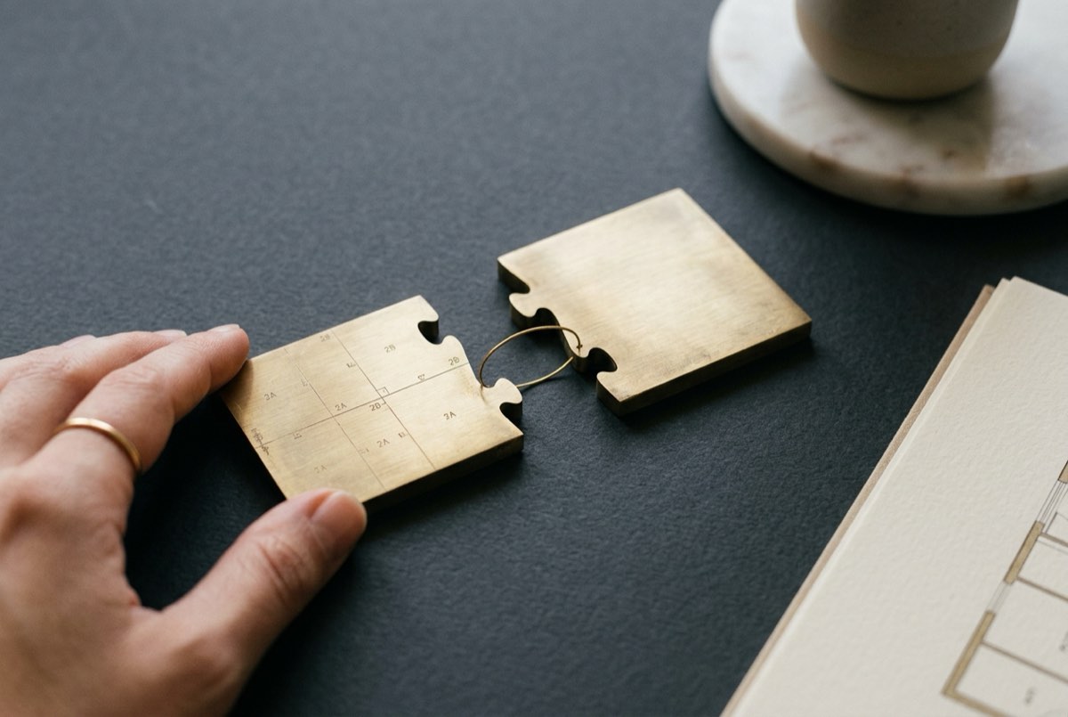 A macro detail of two interlocking brass puzzle-style plot tiles being gently pulled apart on a charcoal surface, one tile engraved with a f
