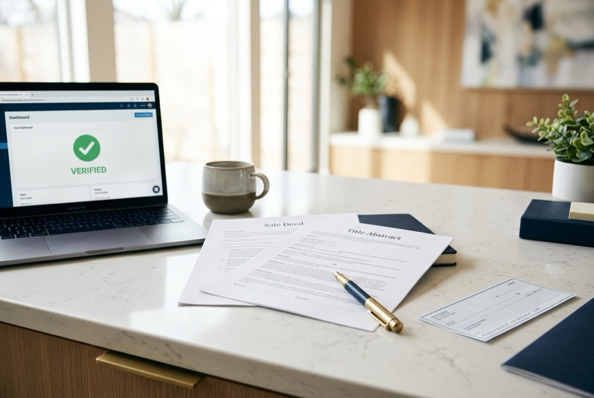 A close, confident over-the-desk view of a hand-free contemporary workspace: a freshly printed sale deed and title abstract neatly fanned ou