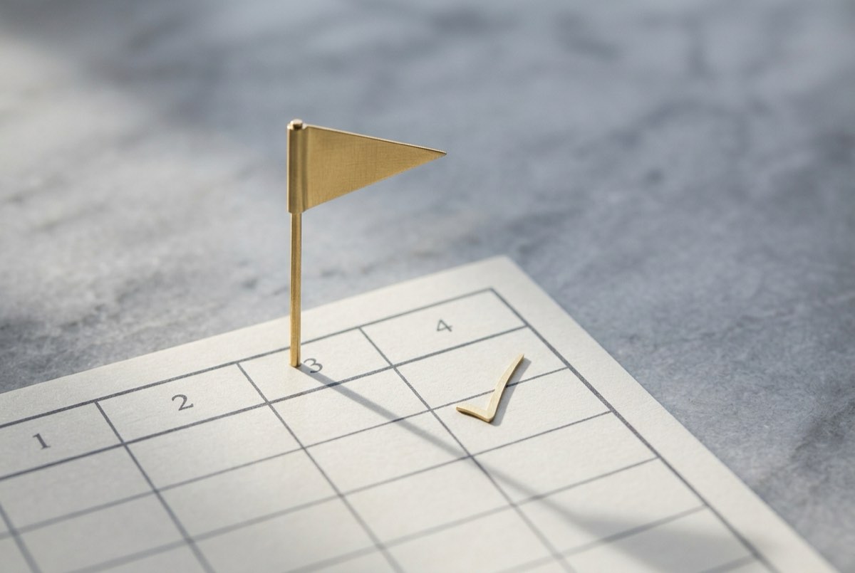 A tight macro on cool grey marble of a single small gold pennant flag standing in one cell of a crisp ruled ledger grid, its long shadow fal