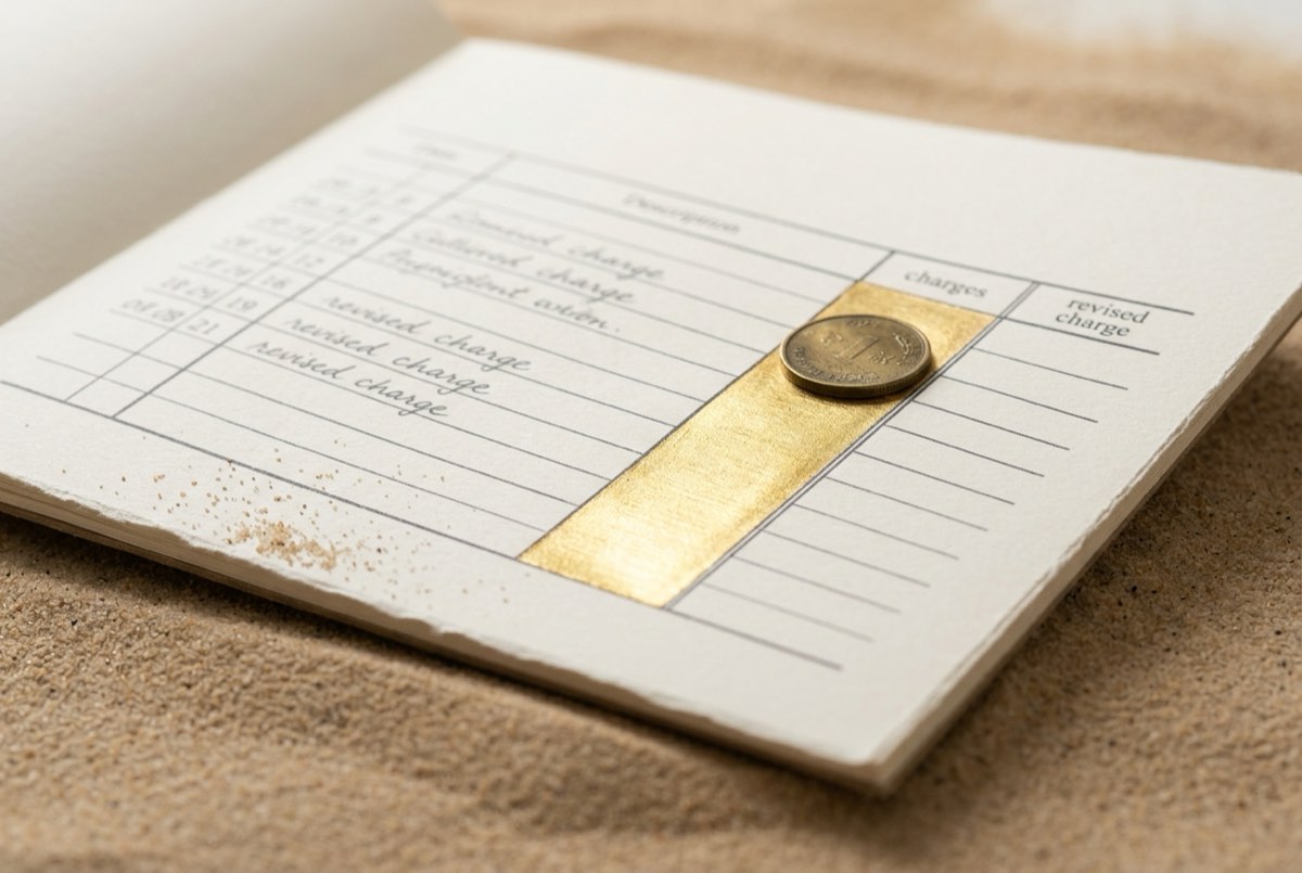 A macro detail of a fine-paper ledger on warm sand, its tidy column grid filled with crisp ruled rows, where a single column is rendered in