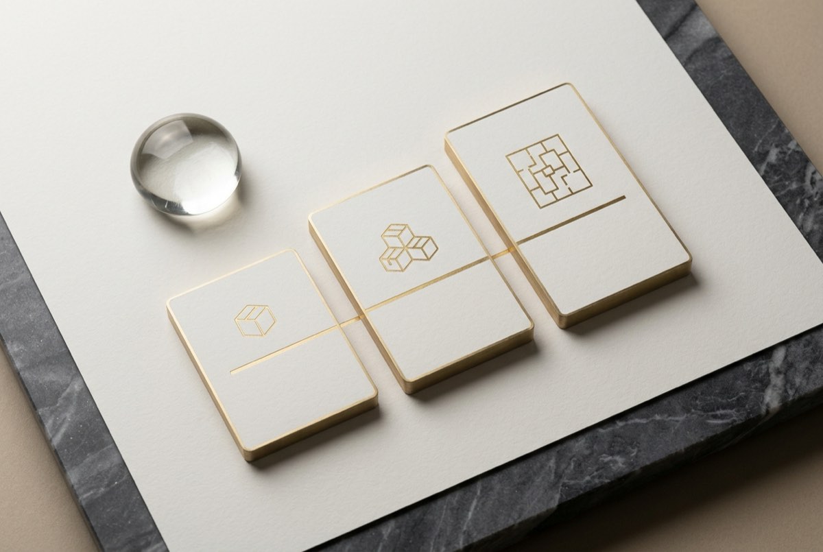 An overhead flatlay on off-white matte paper of a tiered pricing ledger rendered as three ascending brass-edged cards of increasing height