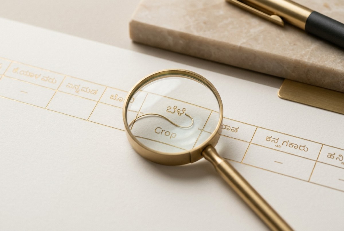 A macro detail of a single tabular RTC row rendered as fine gold line-art on matte off-white paper, where one Kannada field label is mirrore