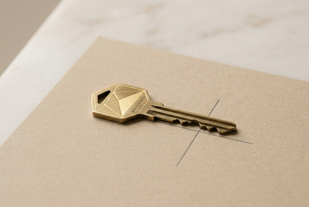 A slim modern brass key lying on warm sand-toned matte paper, where the key's bow is shaped as a small precise plot polygon etched in gold