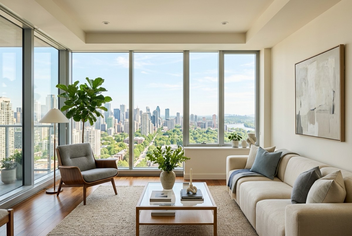 A bright, beautifully furnished modern apartment living room with floor-to-ceiling windows overlooking a green city skyline