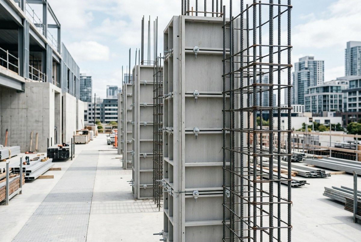 A crisp detail of well-managed construction quality: neat steel rebar columns and clean concrete formwork at a tidy organized site under bri