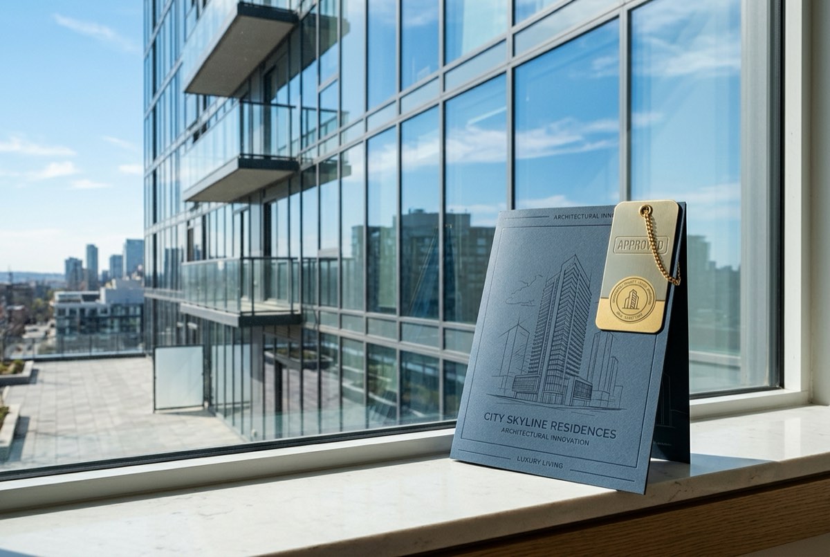 A close macro view of a single modern apartment tower's glass-and-balcony facade reflecting clear sky, with a crisp gold-edged approval tag