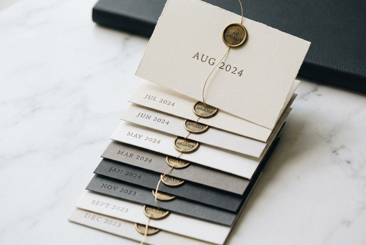 A clean macro flatlay of a vertical spine of overlapping dated record cards stepping back in time, each card edged in matte paper and stampe